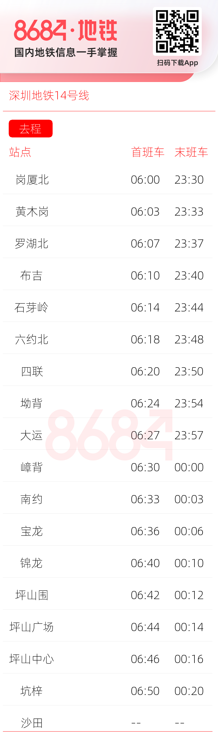 深圳地铁14号线运营时间表