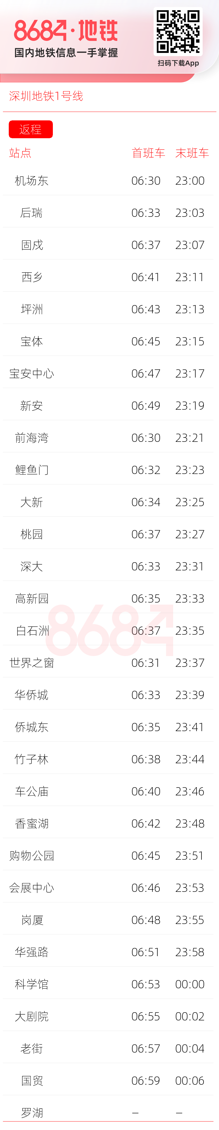 深圳地铁1号线运营时间表