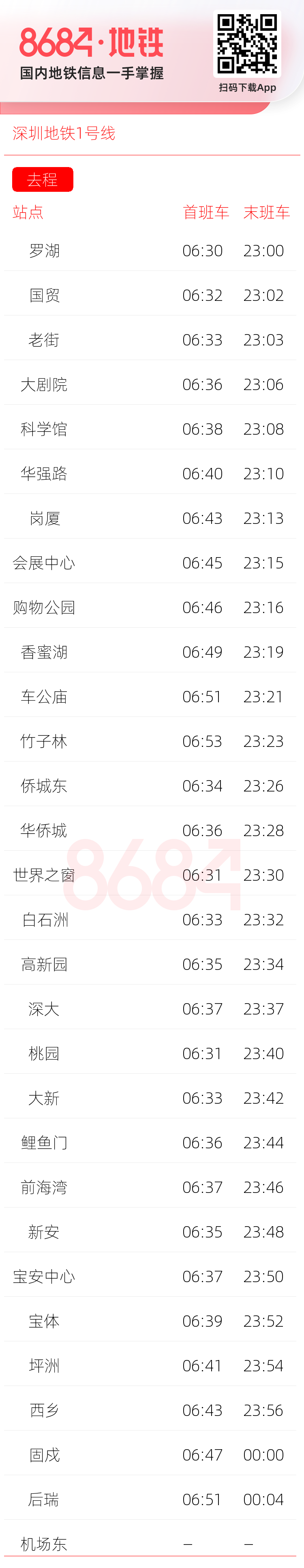 深圳地铁1号线运营时间表