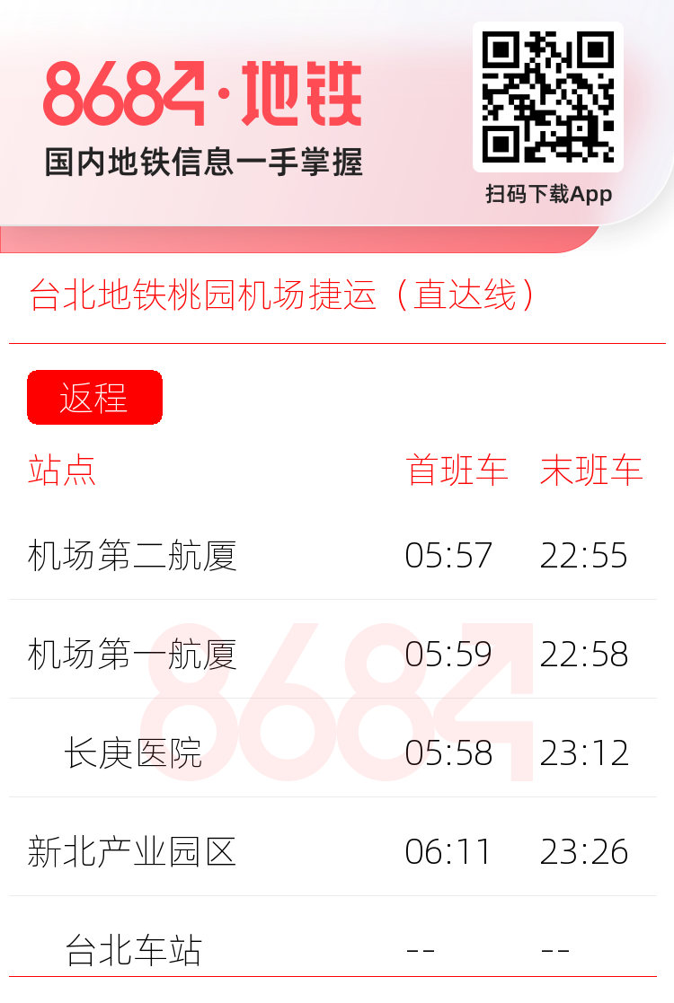 台北地铁桃园机场捷运（直达线）运营时间表
