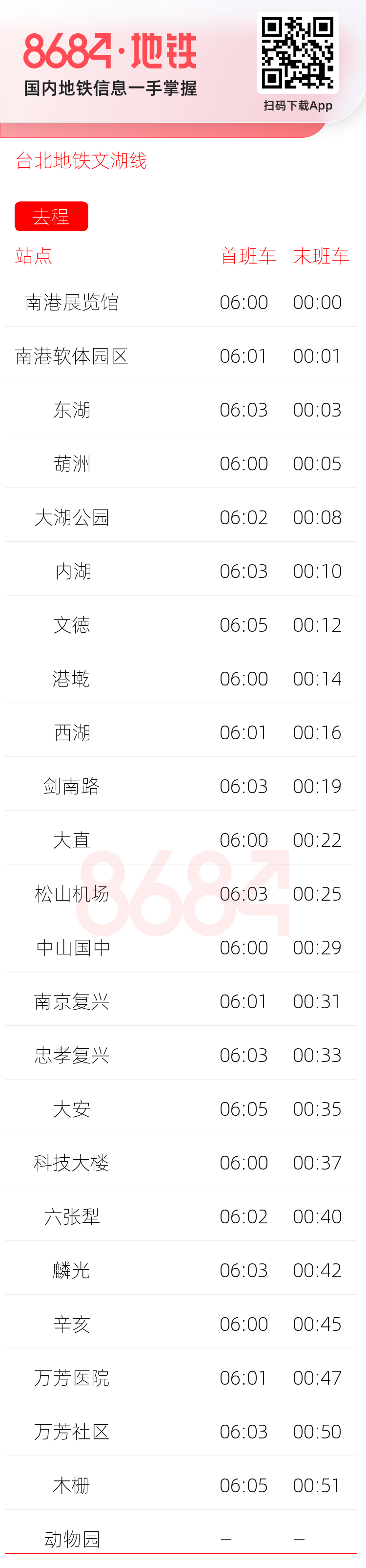 台北地铁文湖线运营时间表