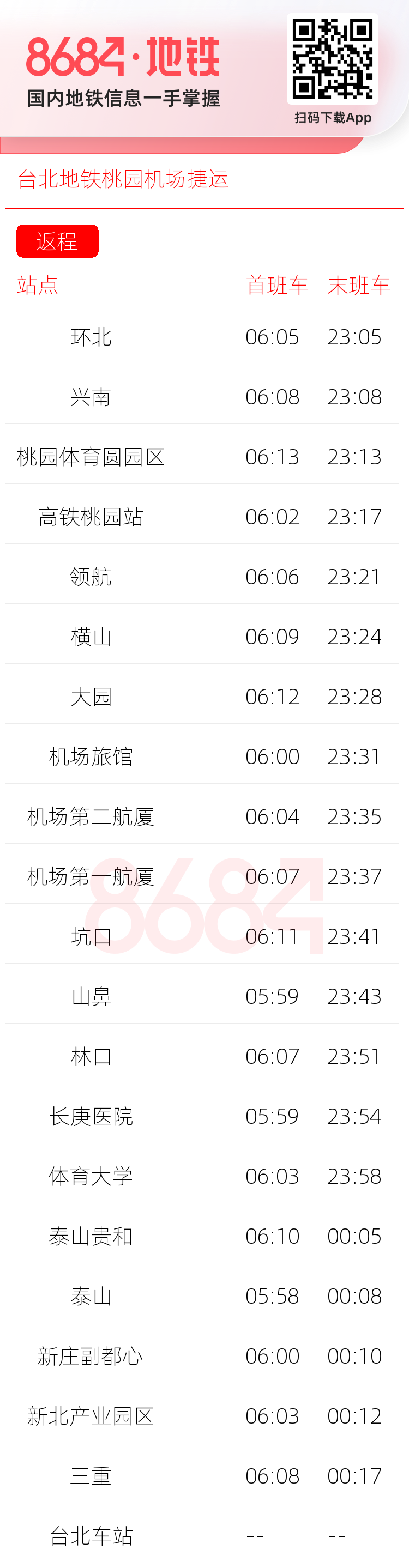 台北地铁桃园机场捷运运营时间表
