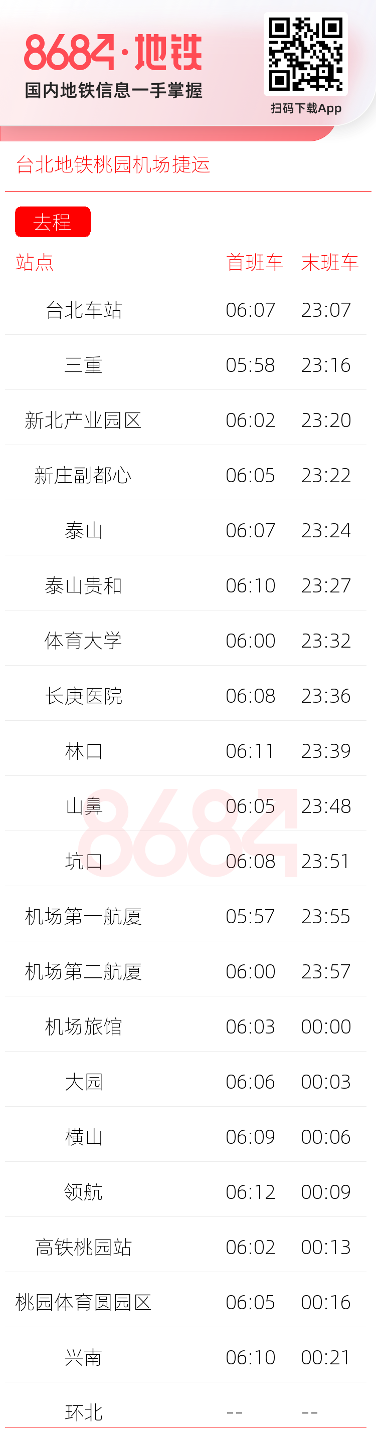 台北地铁桃园机场捷运运营时间表