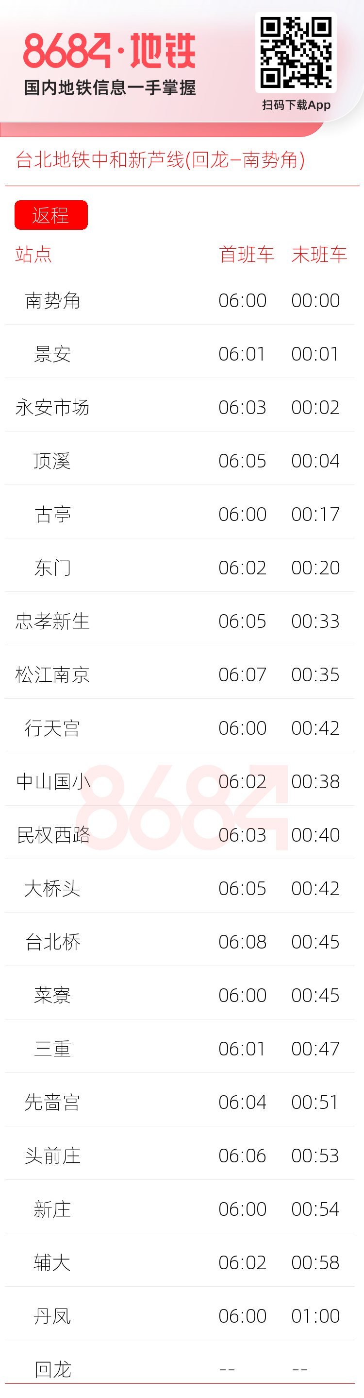 台北地铁中和新芦线(回龙—南势角)运营时间表