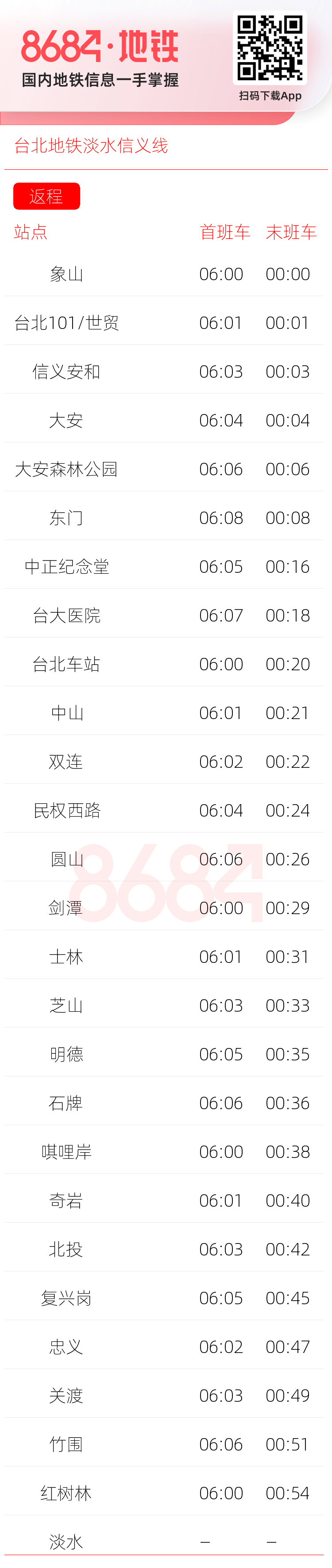 台北地铁淡水信义线运营时间表