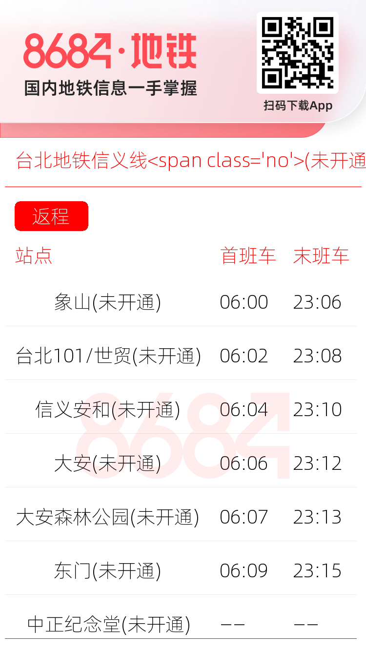 台北地铁信义线<span class='no'>(未开通)</span>运营时间表