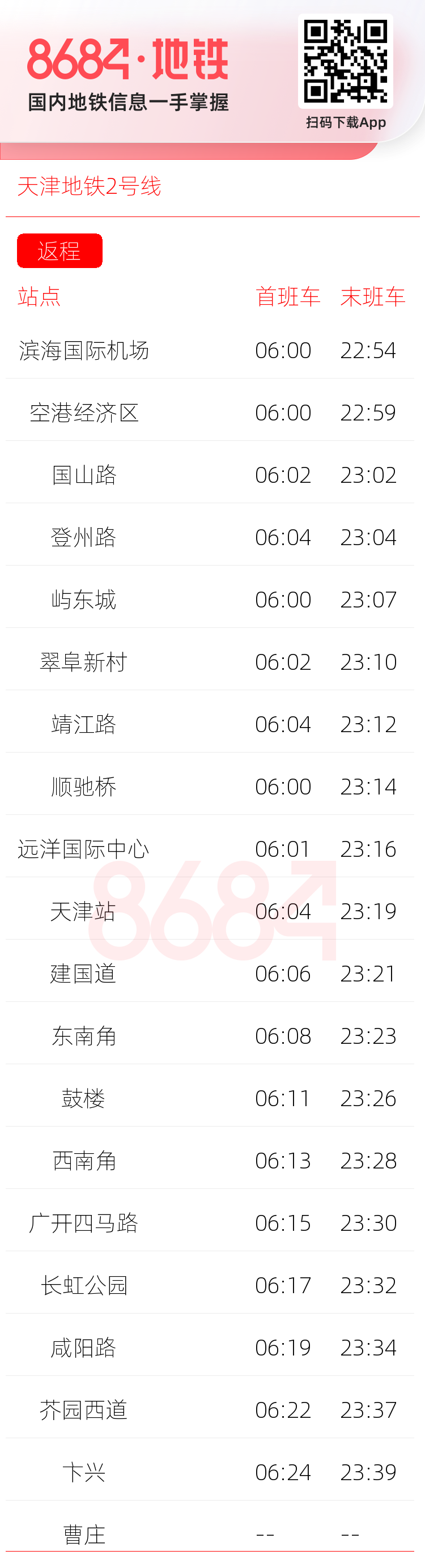 天津地铁2号线运营时间表