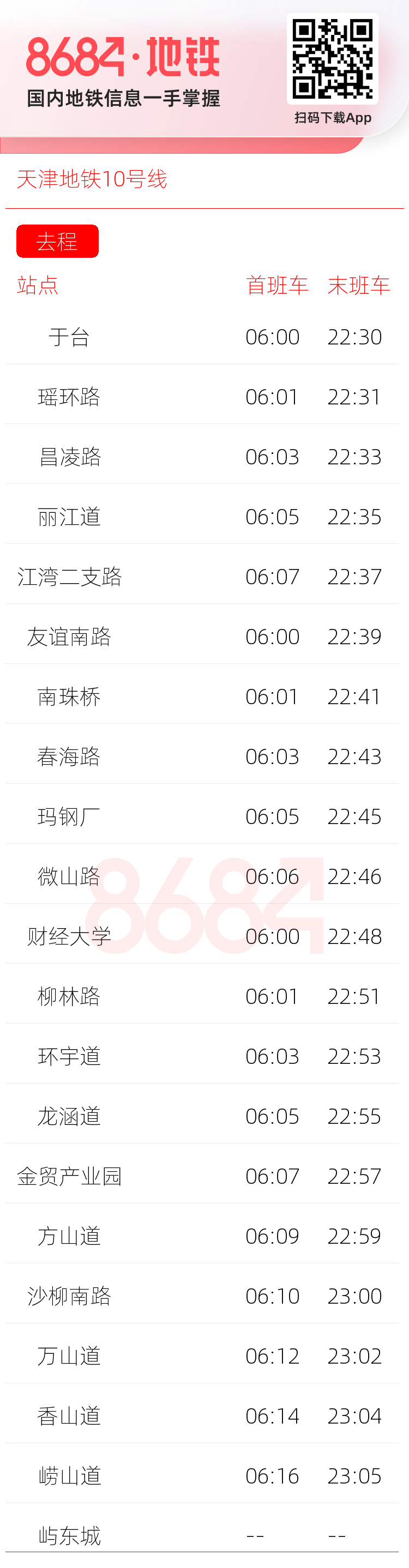 天津地铁10号线运营时间表