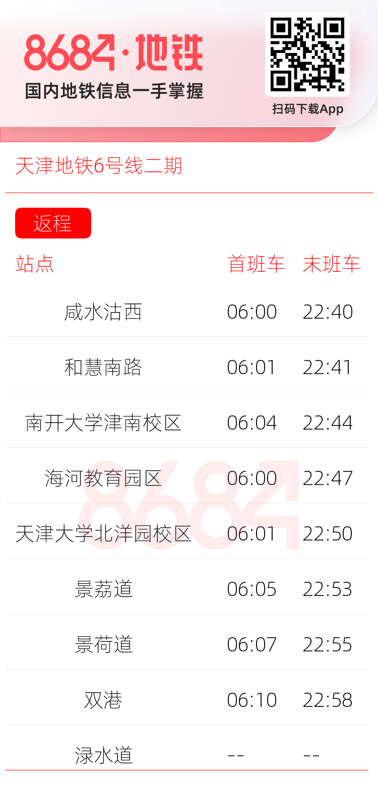 天津地铁6号线二期运营时间表