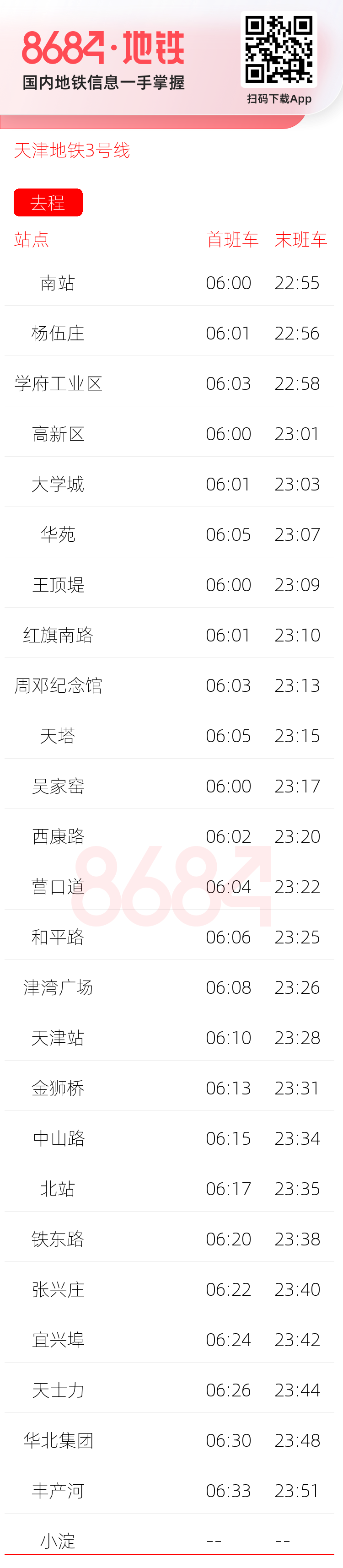 天津地铁3号线运营时间表