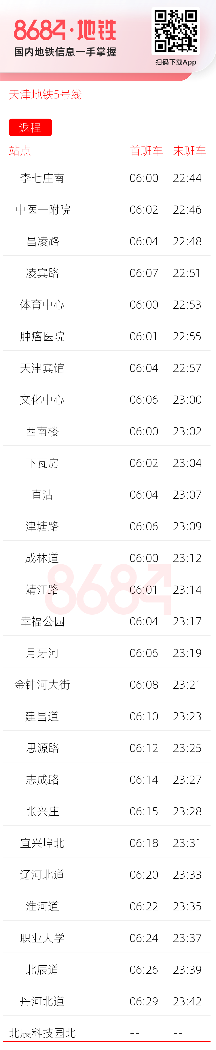 天津地铁5号线运营时间表