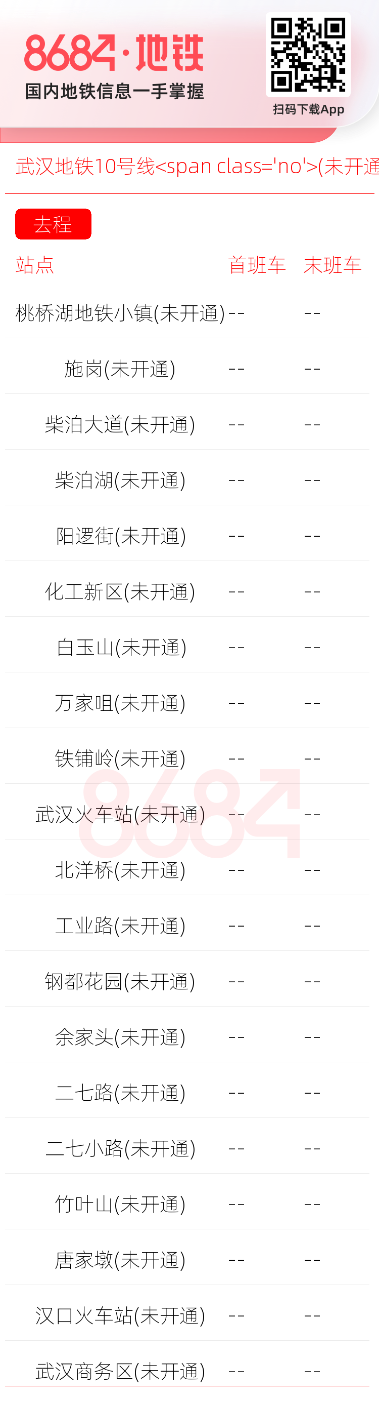 武汉地铁10号线<span class='no'>(未开通)</span>运营时间表