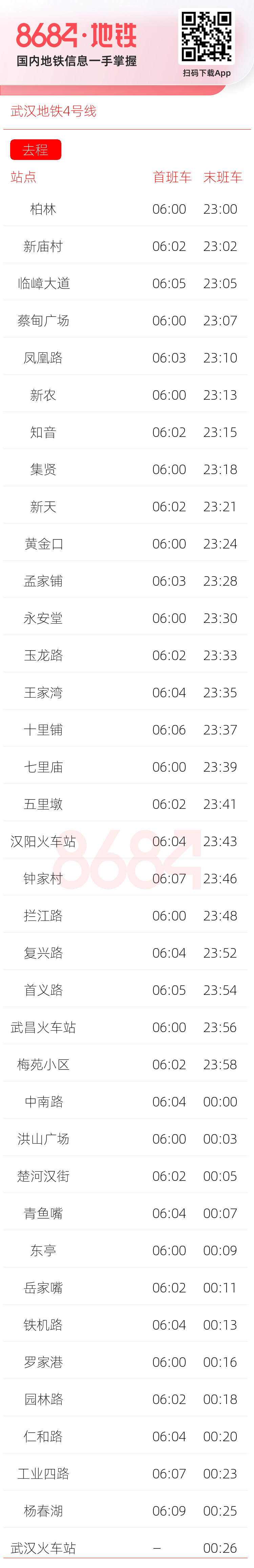 武汉地铁4号线运营时间表