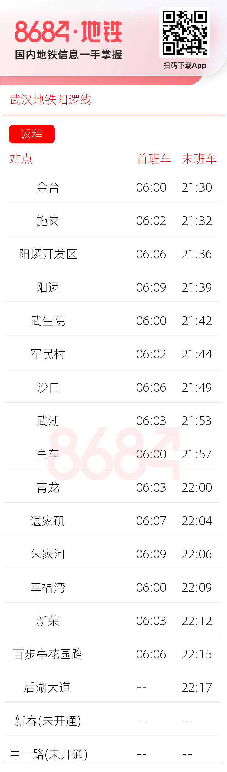 武汉地铁阳逻线运营时间表