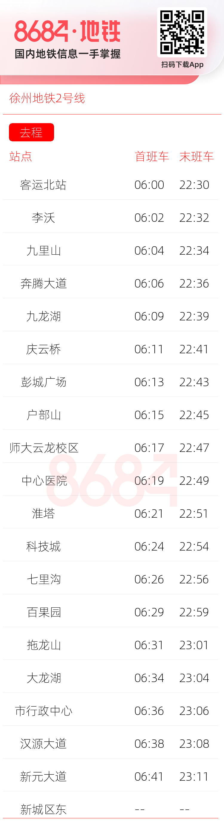 徐州地铁2号线运营时间表