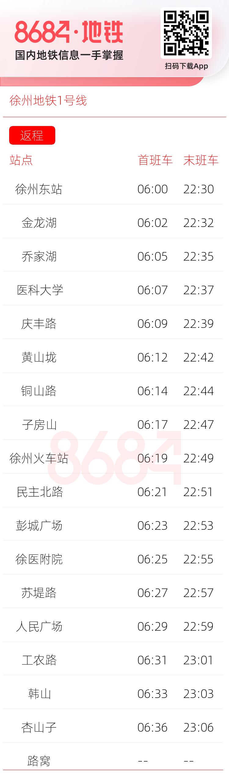 徐州地铁1号线运营时间表