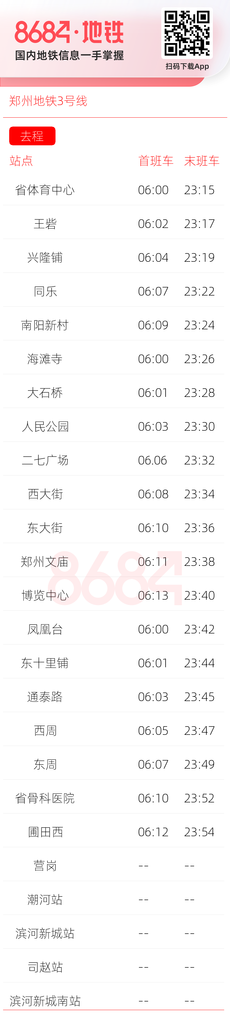 郑州地铁3号线运营时间表